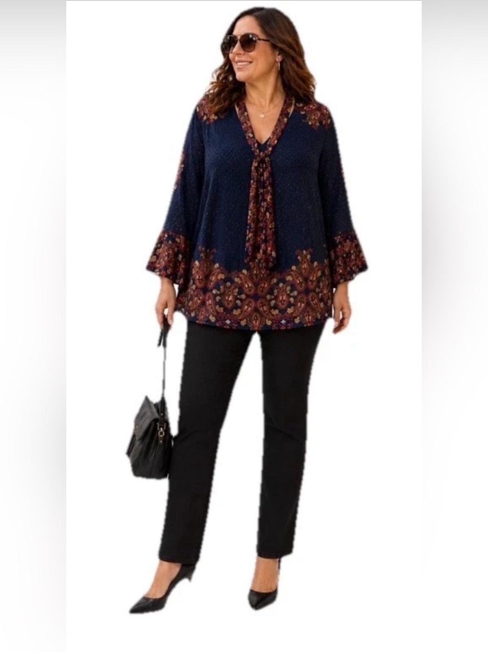 Chico’s Paisley Tie Neck Blouse Women’s Navy Boho Flowy Top (US 20/22 XXL 2X)